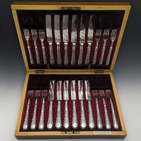 Late Victorian British antique silver plate dessert cutlery 12 pair set in wooden box